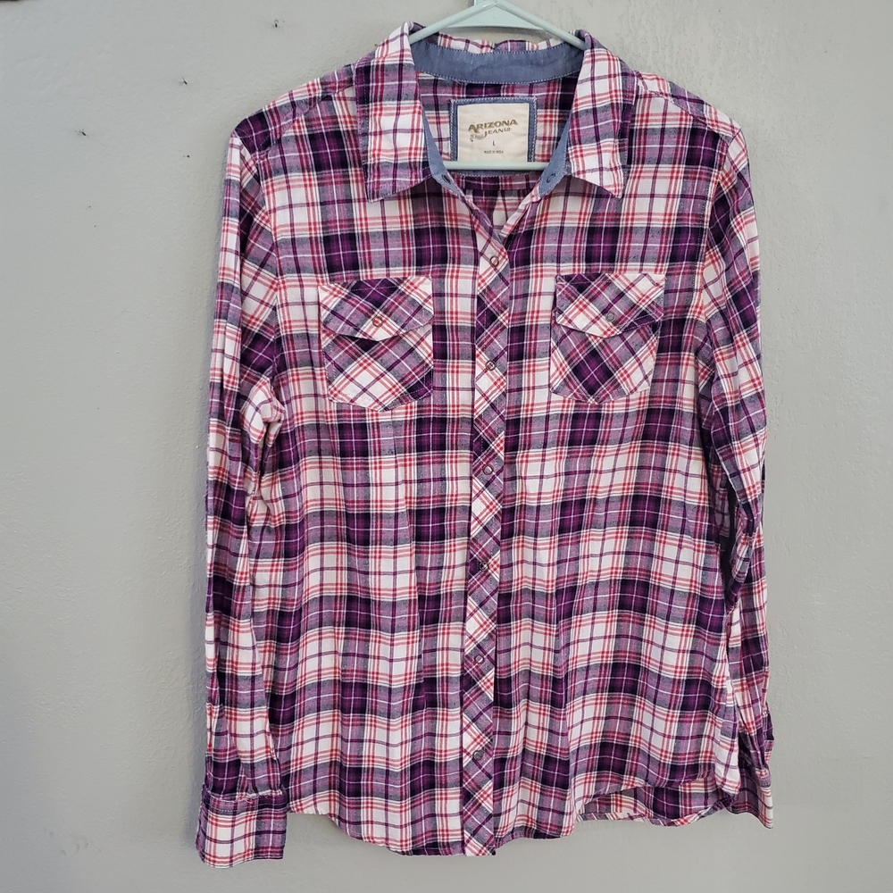 Arizona Jean Company Women's Pink and Purple Plaid Button Down Shirt
